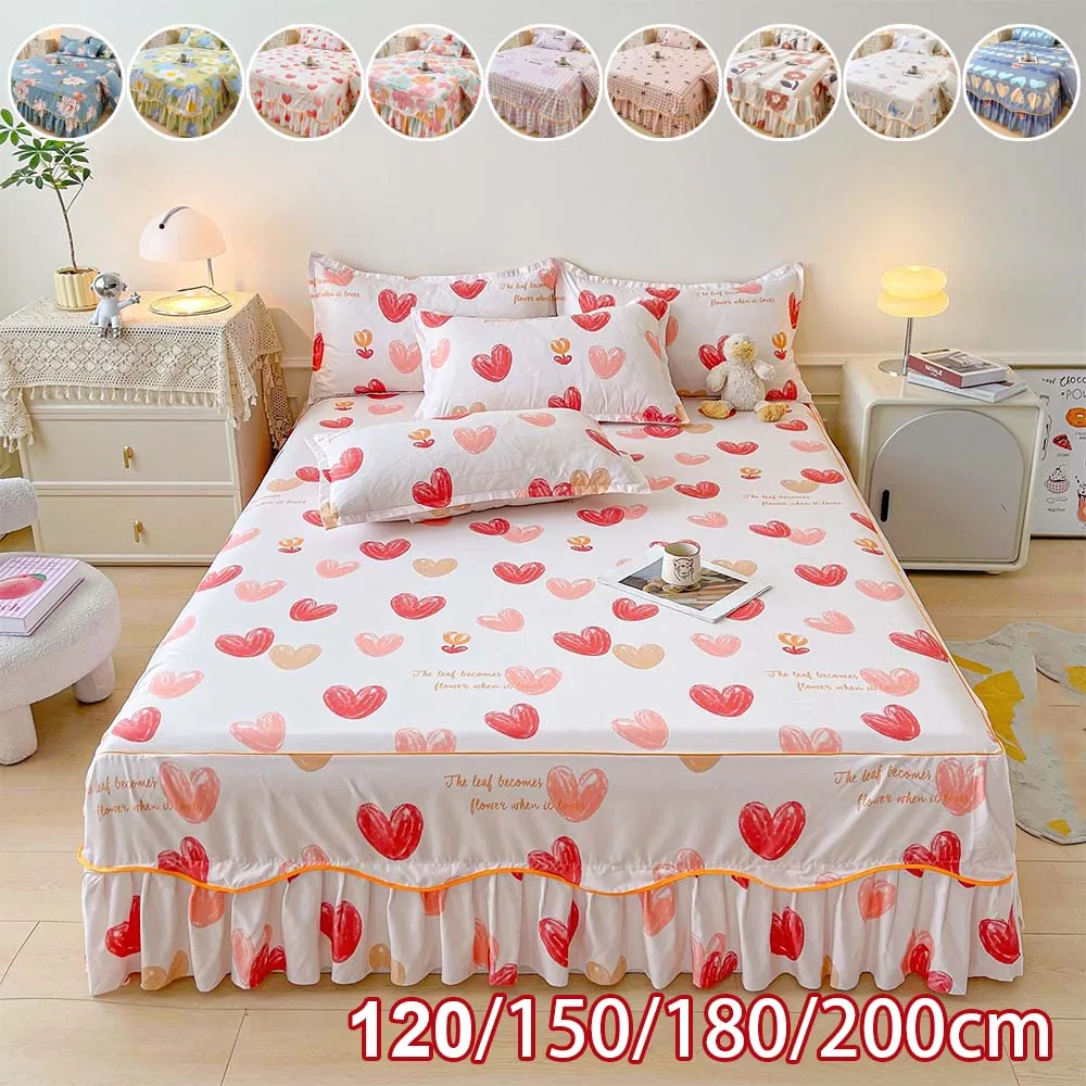 120/150/180/200cm Floral Print Bed Skirt Set Soft Bed Cover Sheet with Ruffles Elegant Princess Style for Full Double/King Size