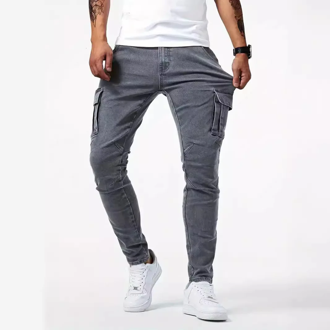 Hommes mode décontracté crayon élasticité jean mâle Multi poche petit mince haute rue Denim pantalon lavage solide bleu foncé pantalon
