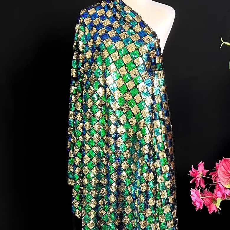 

1 ярд зеленое золото квадратная сетка с блестками вышивка ткань платье юбка дизайнерские ткани для одежды