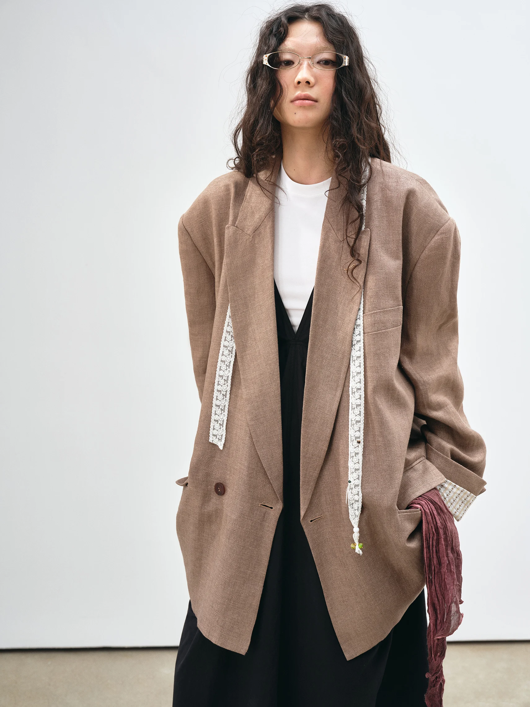 VERMO Vintage Style Detachable Lace Beaded Sashes Color Spun Linen Wide Shoulder Suit Jacket Neutral Loose Fit Casual Wear