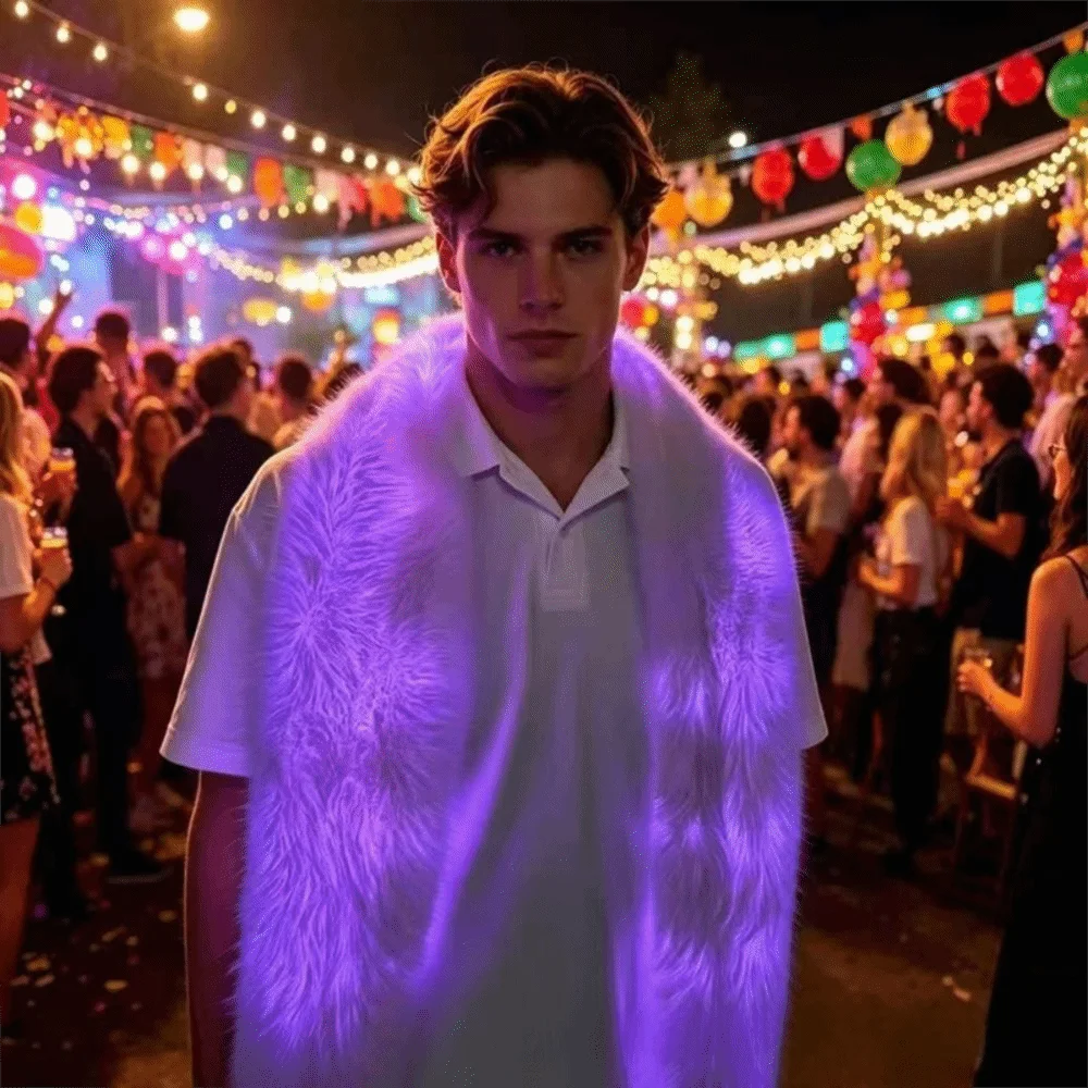 Funny White Plush LED Flash Scarf Fluffy Light Up Luminous Glowing Scarf Warm Skin-friendly Winter Plush Scarf Carnival