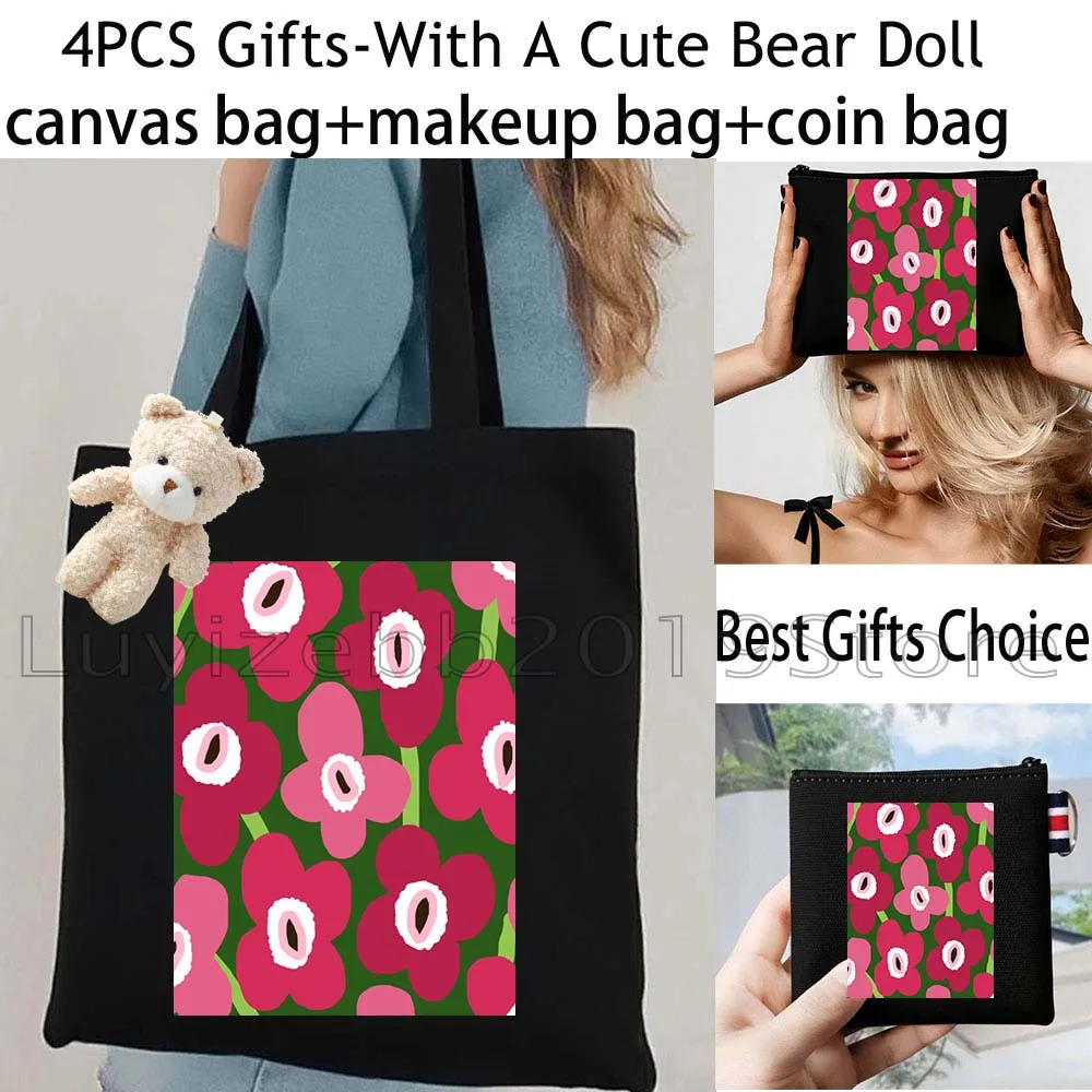 4PCS Black Cute Floral Canvas Tote Bag,Scandinavian Flower Pattern Cosmetic Makeup Bag,Coin Purse Wallet Pouch for Men and Women