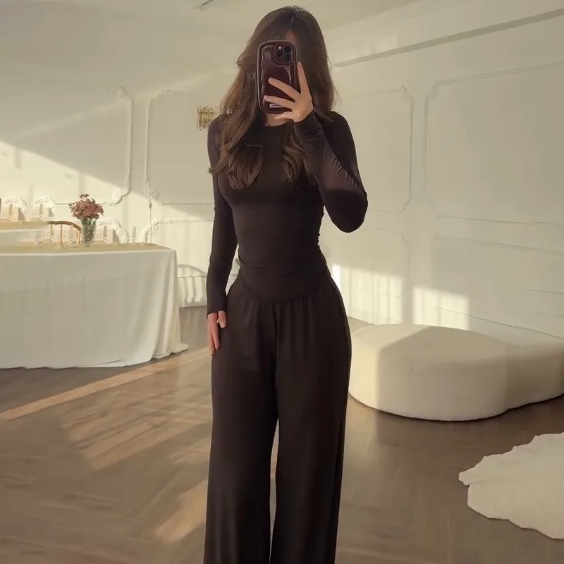 Autumn and Winter Fashion Can Wear New Women's Clothing Round Neck Solid Color Wide-leg Pants Temperament Commuter Fashion Suit