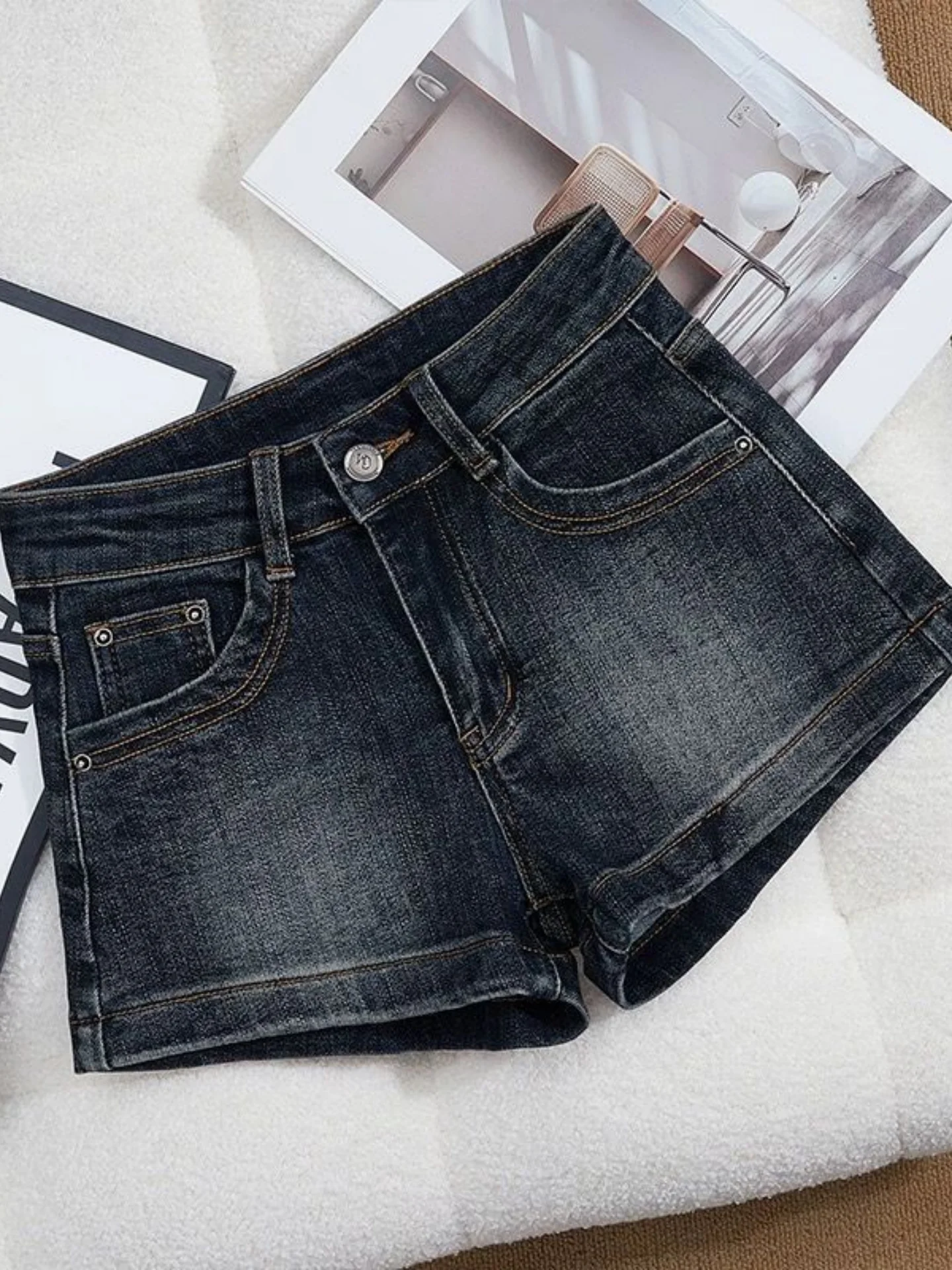 High Waist Denim Shorts Women's Summer New Style Slimming Butt Lifting Flip Cover Back Pocket Hot Pants Elastic Tight Straigh...