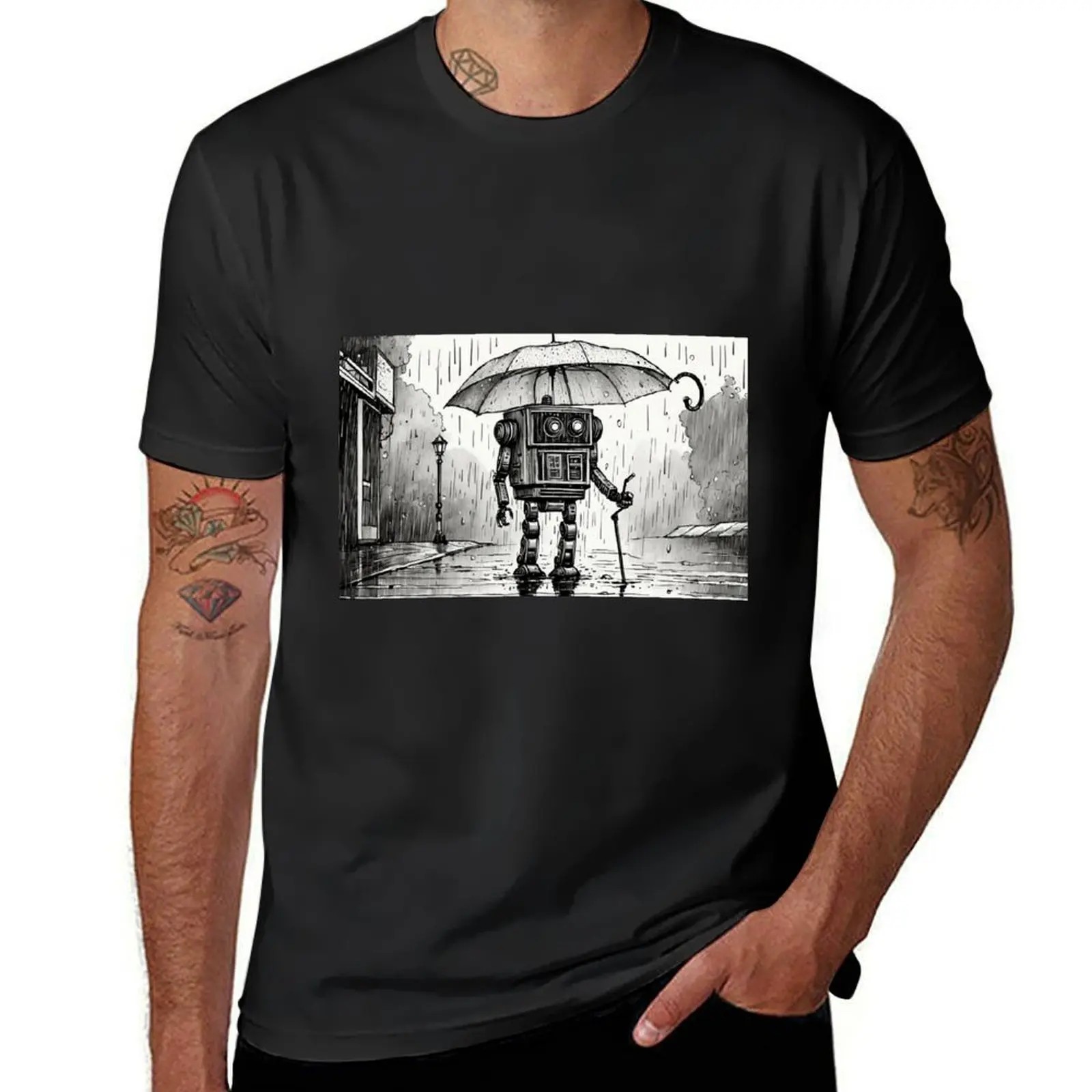 robot holding an umbrella T-Shirt hippie clothes summer tops summer clothes mens tall t shirts