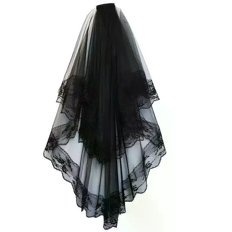 1PCS Black Two Layers Lace Bridal Veil Black Wedding Veils With Comb Short Bridal Veils Cosplay Costume Hair Accessories