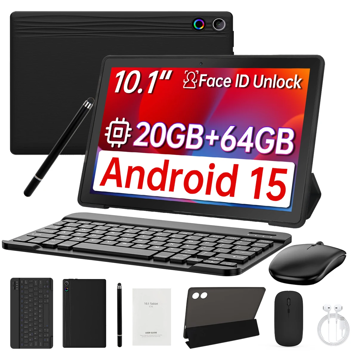 URAO A10L 10.1인치 블랙 태블릿, 안드로이드 15 운영체제, 옥타코어 프로세서, 4GB RAM + 16GB 저장 공간, 64GB ROM, 5000mAh 배터리, 1280x800 LCD, 태블릿 번들