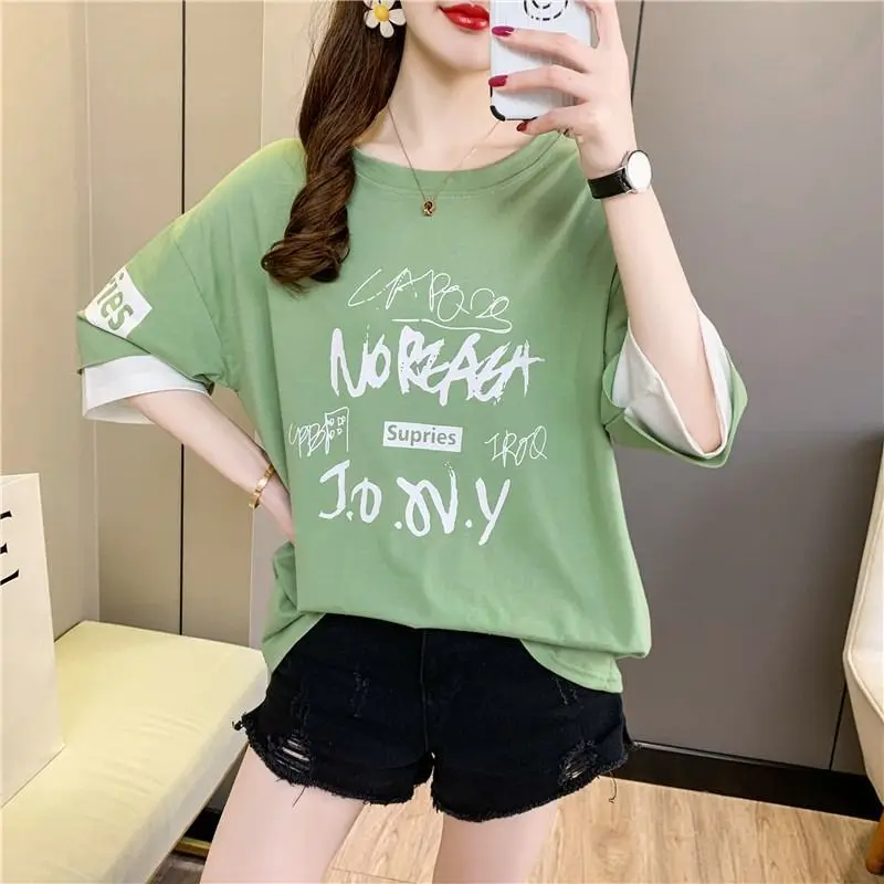 Fashion O-Neck Printed Spliced Fake Two Pieces T-Shirts Female Clothing 2024 Summer New Loose All-match Tops Casual Tee Shirt