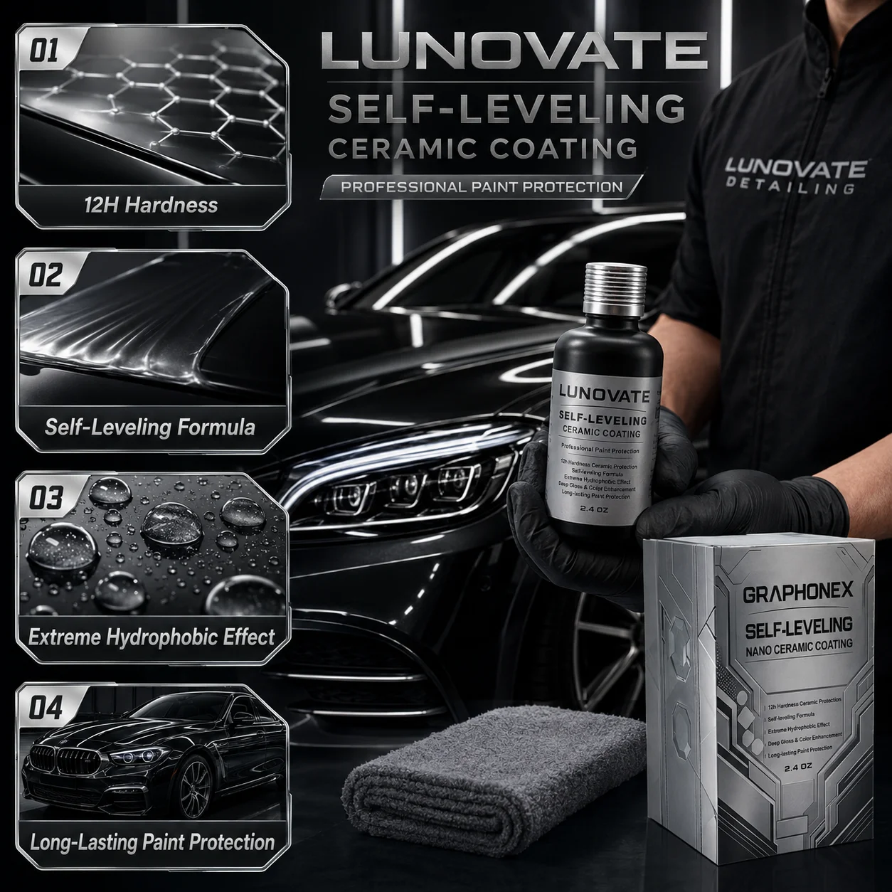 LUNOVATE Professional Ceramic Coating 2.4OZ – Self-Leveling, Hydrophobic, Long-Lasting Paint Shield & Shine