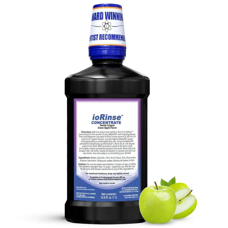 

Concentrated Irrigant with Active Molecular Iodine, AlcoholFree Dental Irrigant, for use with Waterpik Water Flossers, and All O