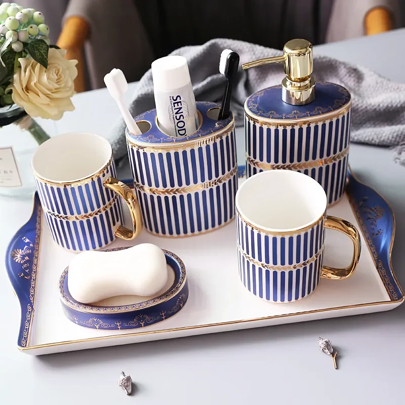 European Ceramic Bathroom Accessories Set 5 Piece Toothbrush Holder Soap Dish Tray Cup Modern Home Decor Toilet Bath