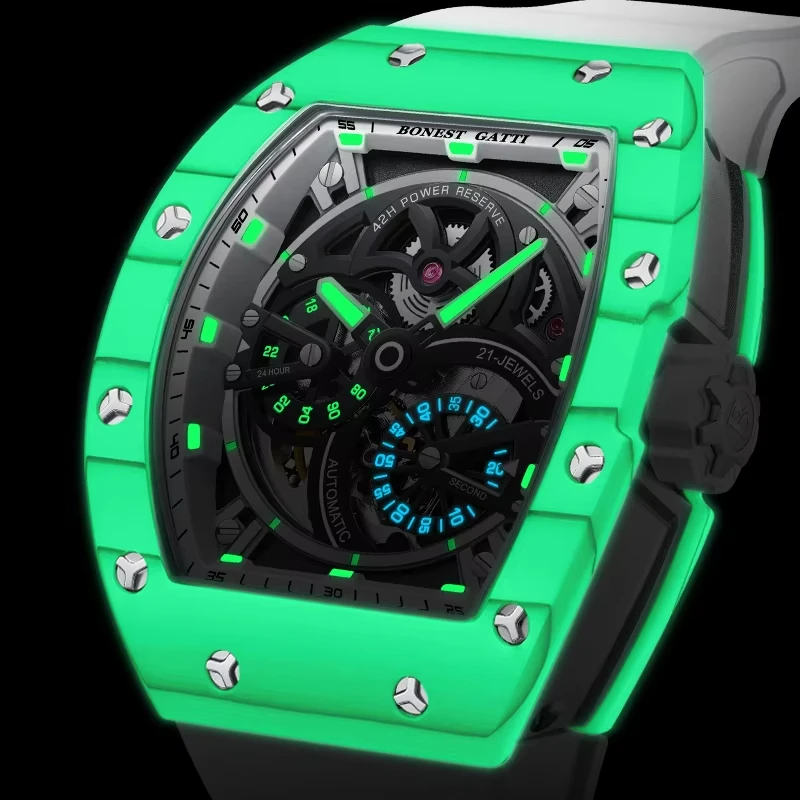 BONEST GATTI Men's Watch Automatic Movement Carbon Fiber Bezel Tonneau Luminous Case Fluororubber Strap Small Second Dial