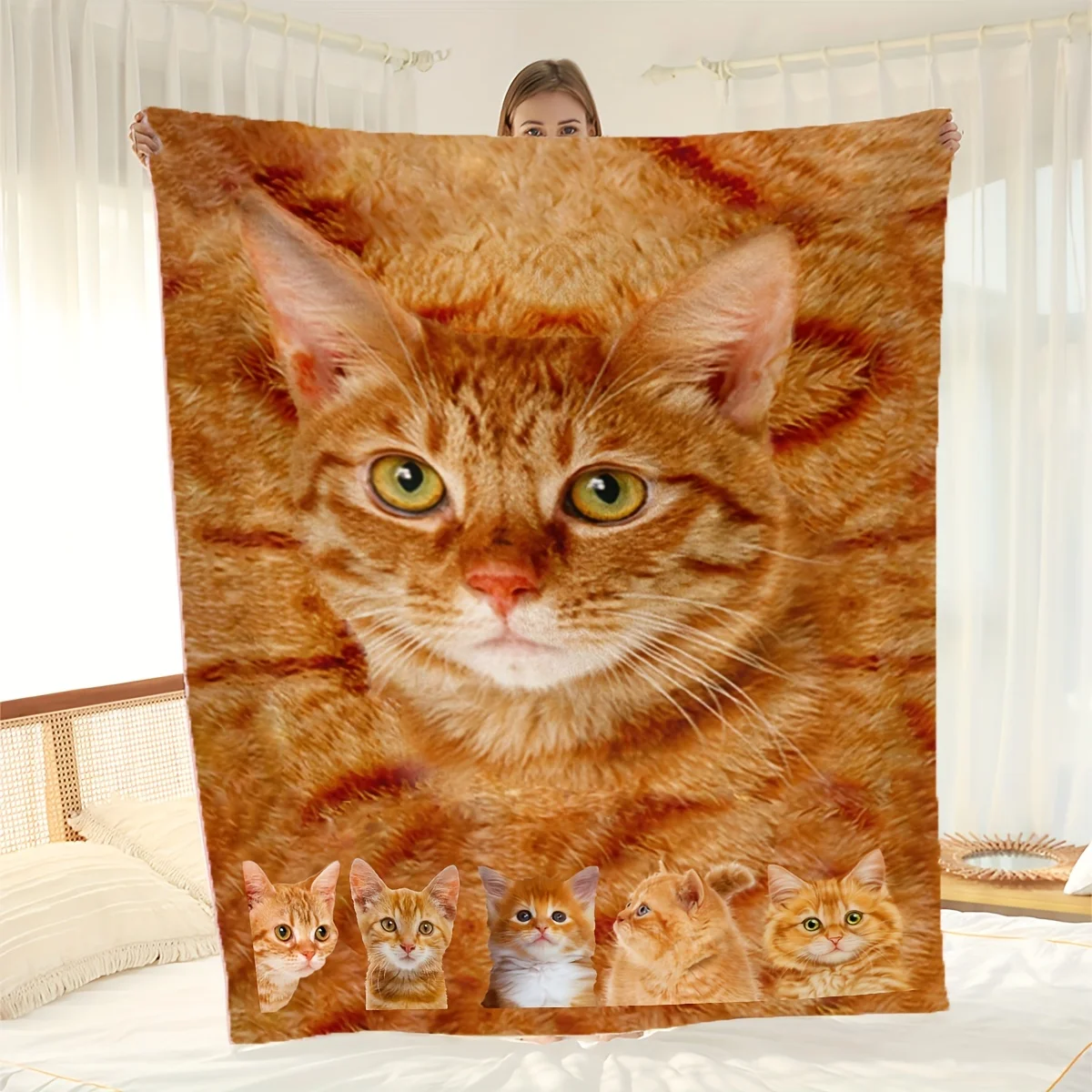 Soft Orange Cat Flannel Blanket Cozy All Seasons, Machine Washable Vivid Cat Face Design, Perfect for Cat Lovers
