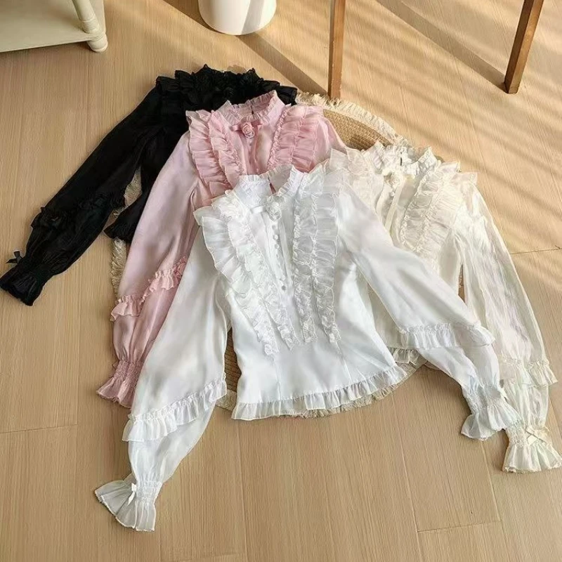 

Japanese Kawaii Lolita Style Shirts Women Sweet Cute Ruffles Lantern Long Sleeve Blouses Spring Autumn Vintage Elegant Slim Tops