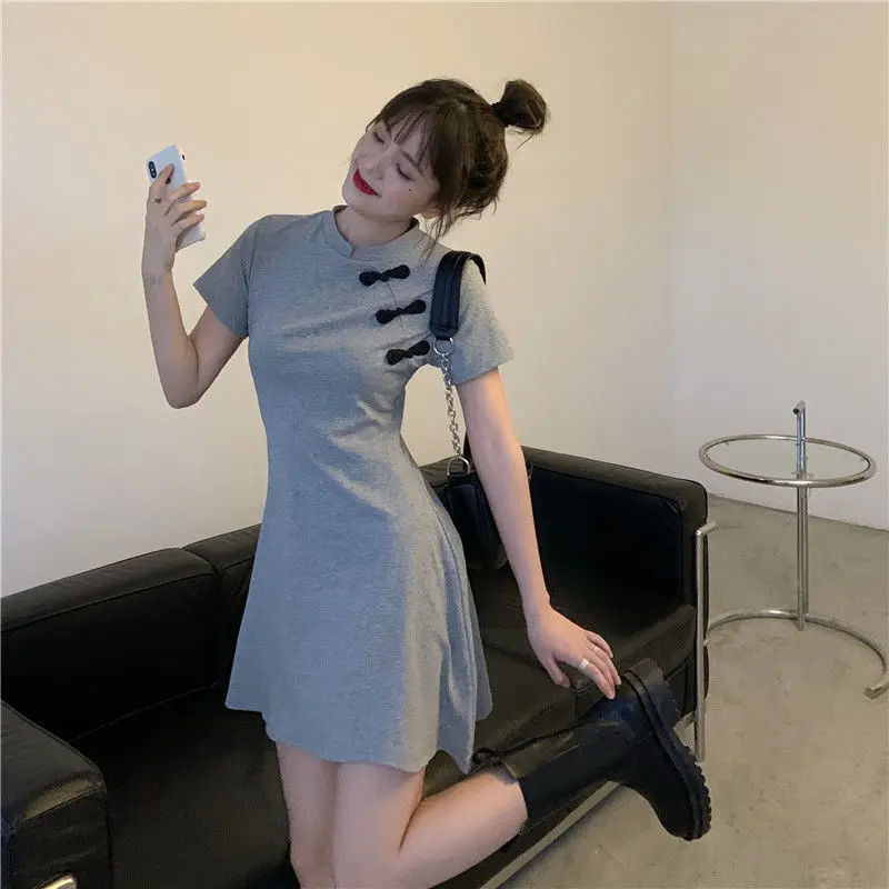 Summer Short Sleeve Dress Women O-neck Slender Vintage Chinese Style Qipao Students Kawaii 4XL Sweet Mini Dresses Leisure Sexy