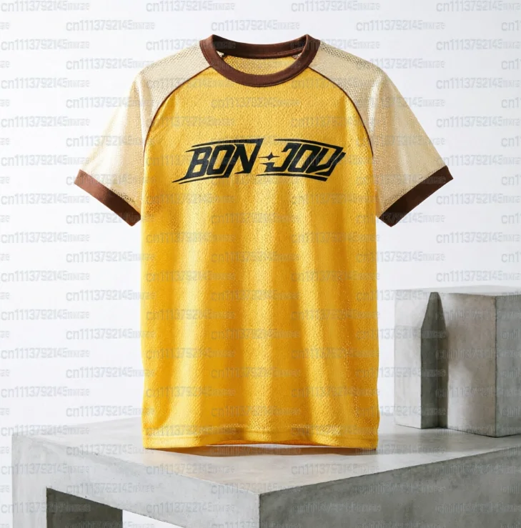 Bon Jovi Retro Logo T-Shirt Sommer High Street Atmungsaktives Mesh-Trikot Übergroßes Kurzarm-Unisex-Y2K-Trikot FamilyMatching – Detail 4