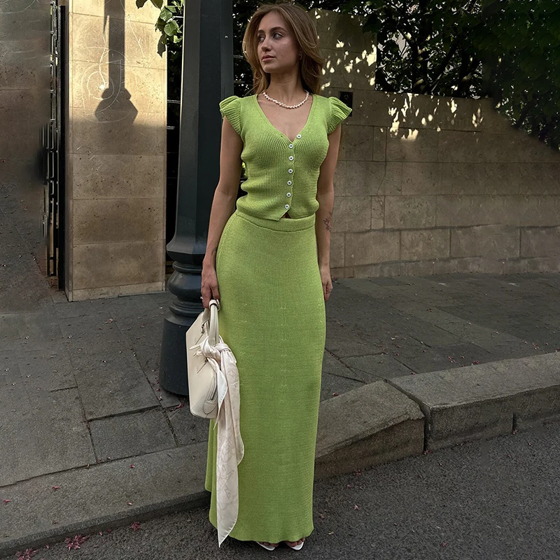 

Tornova Fashion Knitted Skirt Suit Women's Elegant V-Neck Short Sleeve Top Slim Long Skirt Set 2026 Summer New Female Commuting