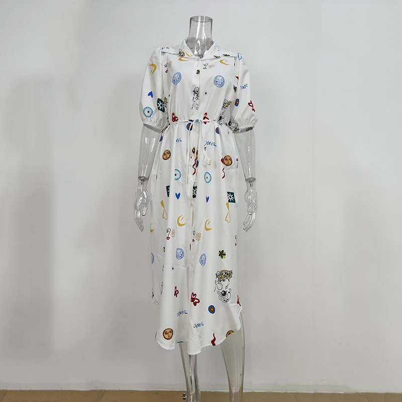 2024 New Female Casual Vacation Dress Women Chic Graffiti Print Lace Up Midi Dress Elegant Lapel Lantern Short Sleeve Dresses