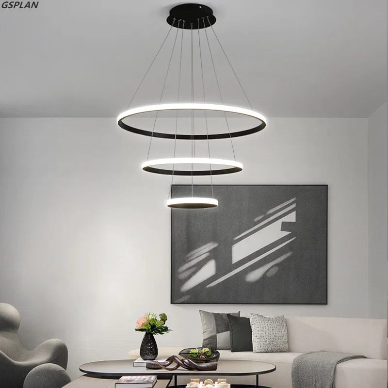 Moderne Kroonluchter Led Ring Ronde Kroonluchter Zwart Penthouse Living Restaurant Keuken Indoor Verlichtingsarmaturen