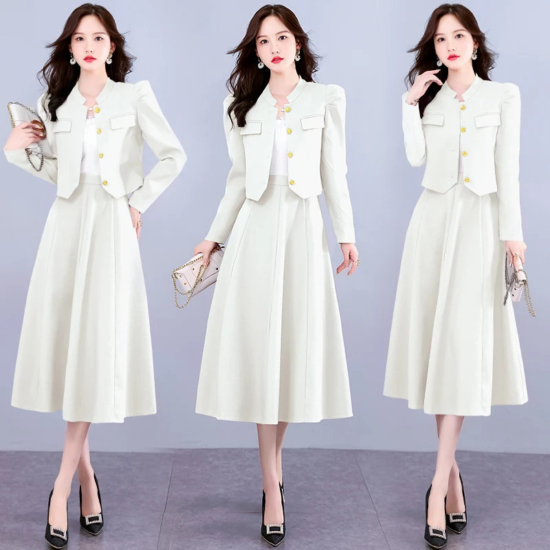 Spring 2 Piece Skirts Suit Women Casual Y2k Crop Tops Elegant Jacket Blazer Small Coats + Mid Skirts Korean Fashion Women\'s Sets