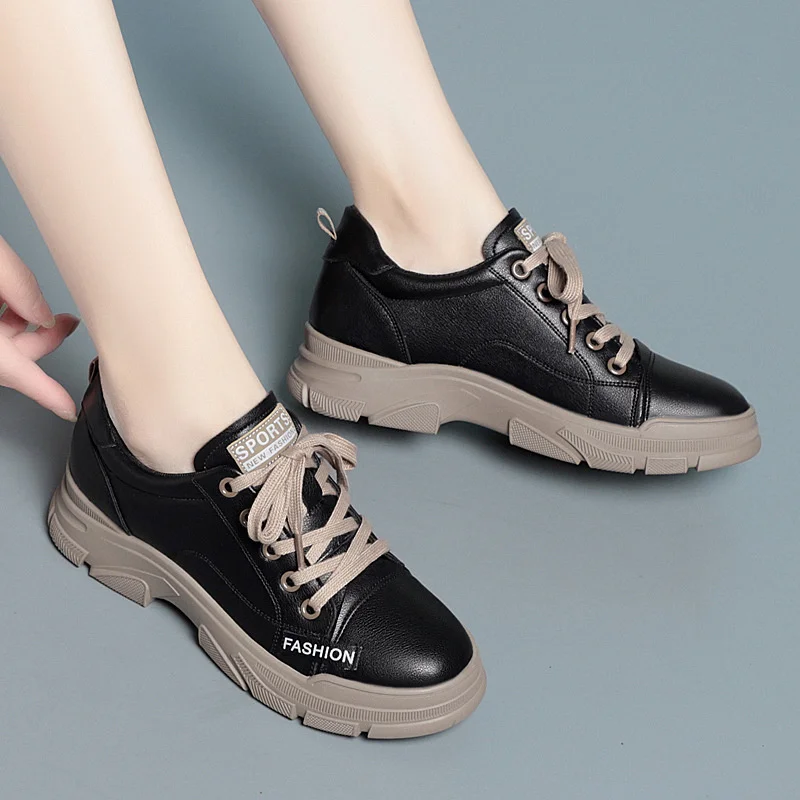 Spring Women Non-slip Soft Leather Sneaker Trekking Footwear New Thick-soled Lace-up Leisure Skateboard Sports Shoes