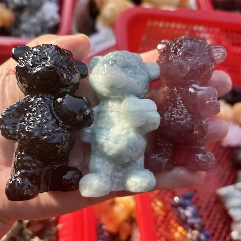 Natural Crystal Quartz Cartoon Bear Carving Witchcraft Ornaments Home Decoration DIY Accessories Room Decor Gift 1PCS