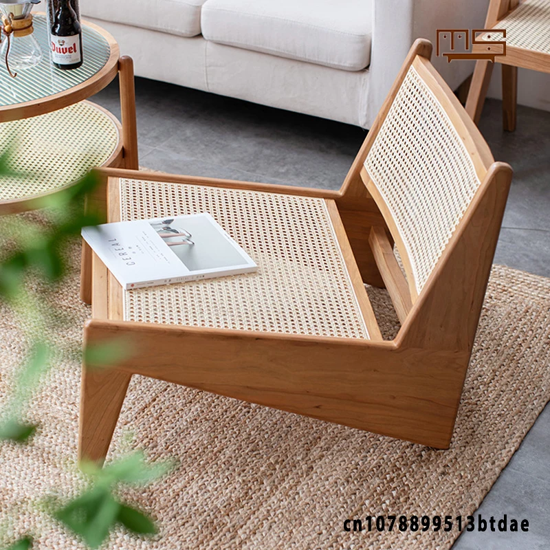 Modern Simple Solid Wood Rattan Chair, Recliner Kangaroo Chair, Balcony, Living Room Leisure Rattan Chair Designer Shape