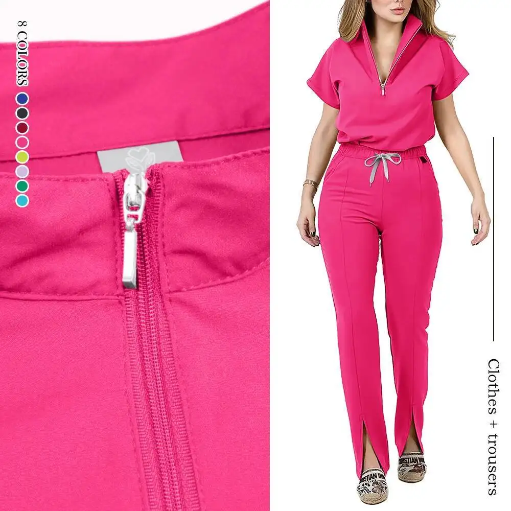 Ensemble de vêtements médicaux pour femmes, uniforme d'été avec fermeture éclair, haut et pantalon, vêtements d'hôpital, uniformes chirurgicaux avec poche, vente en gros