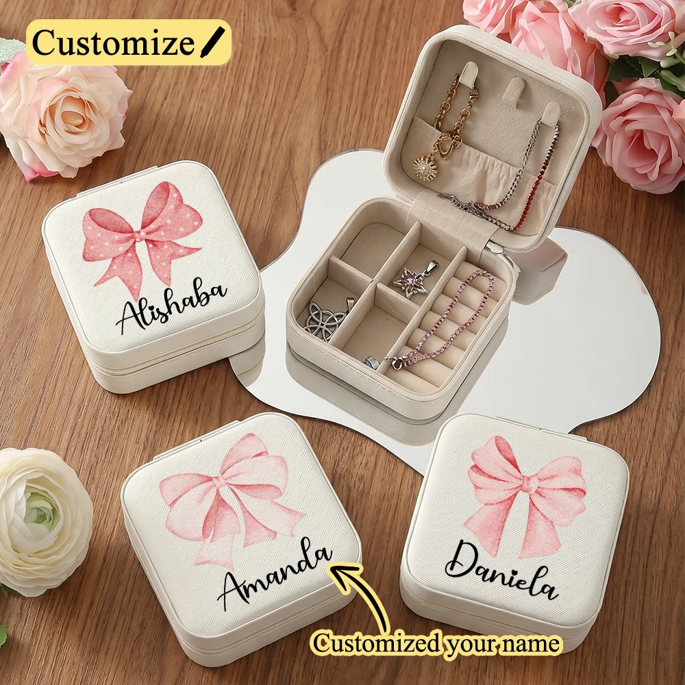 Custom Name Jewelry Box Bow Printed Jewelry Storage Box Necklace Travel Jewelry Organizer Ring Case Personalized Women's Gifts