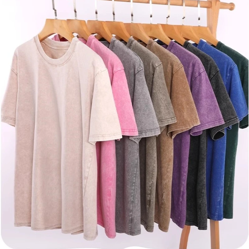 2025 Women's Short Sleeve T-Shirt 100% Cotton Washed Vintage Tee Solid Color Crew Neck Hip Hop Loose Tops Women Streetwear