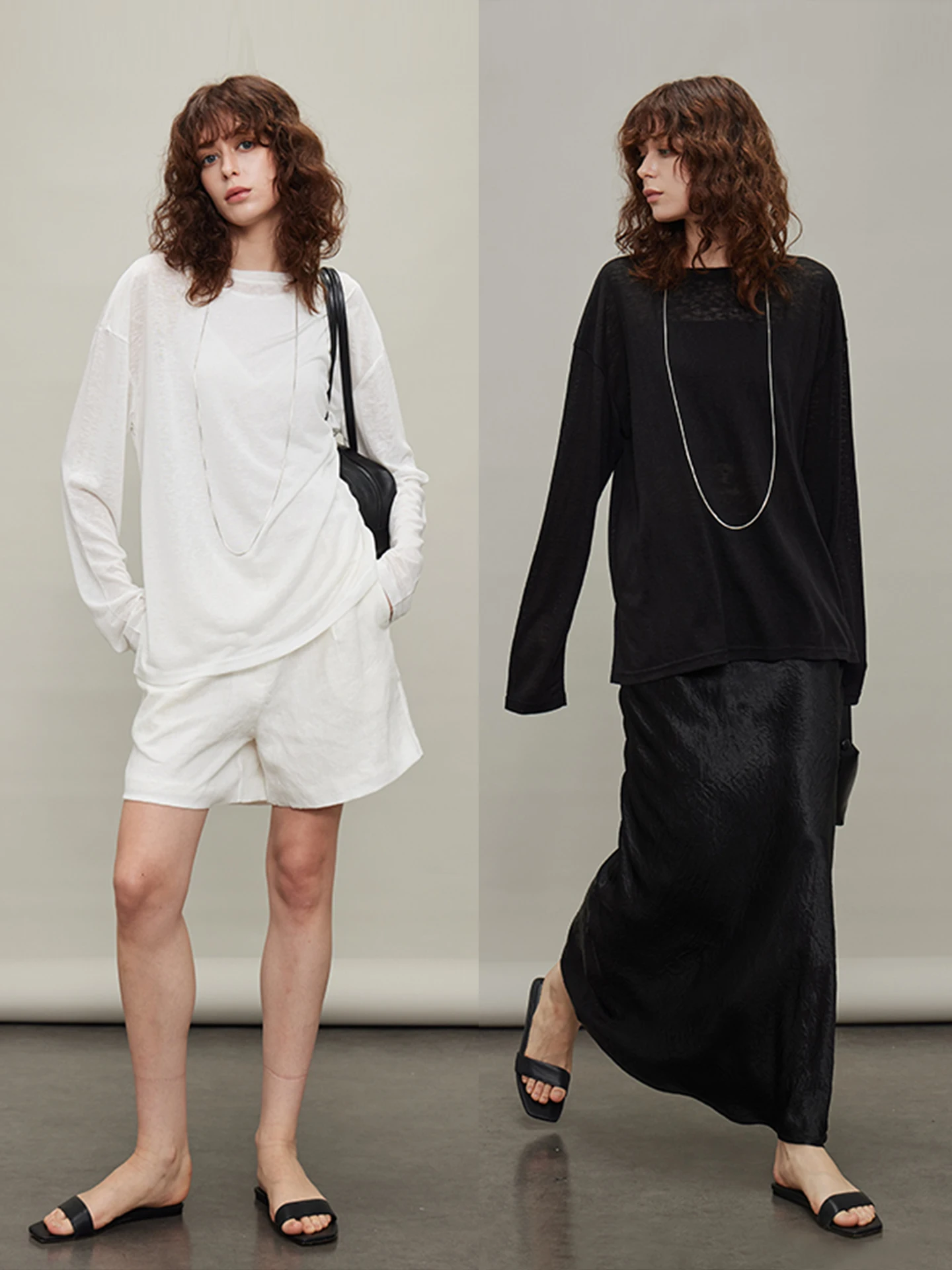 Spring Early Women's Loose Fit Long Sleeve T-Shirt Silk-Like Minimalist round Neck Lightweight Breathable Sun Protection