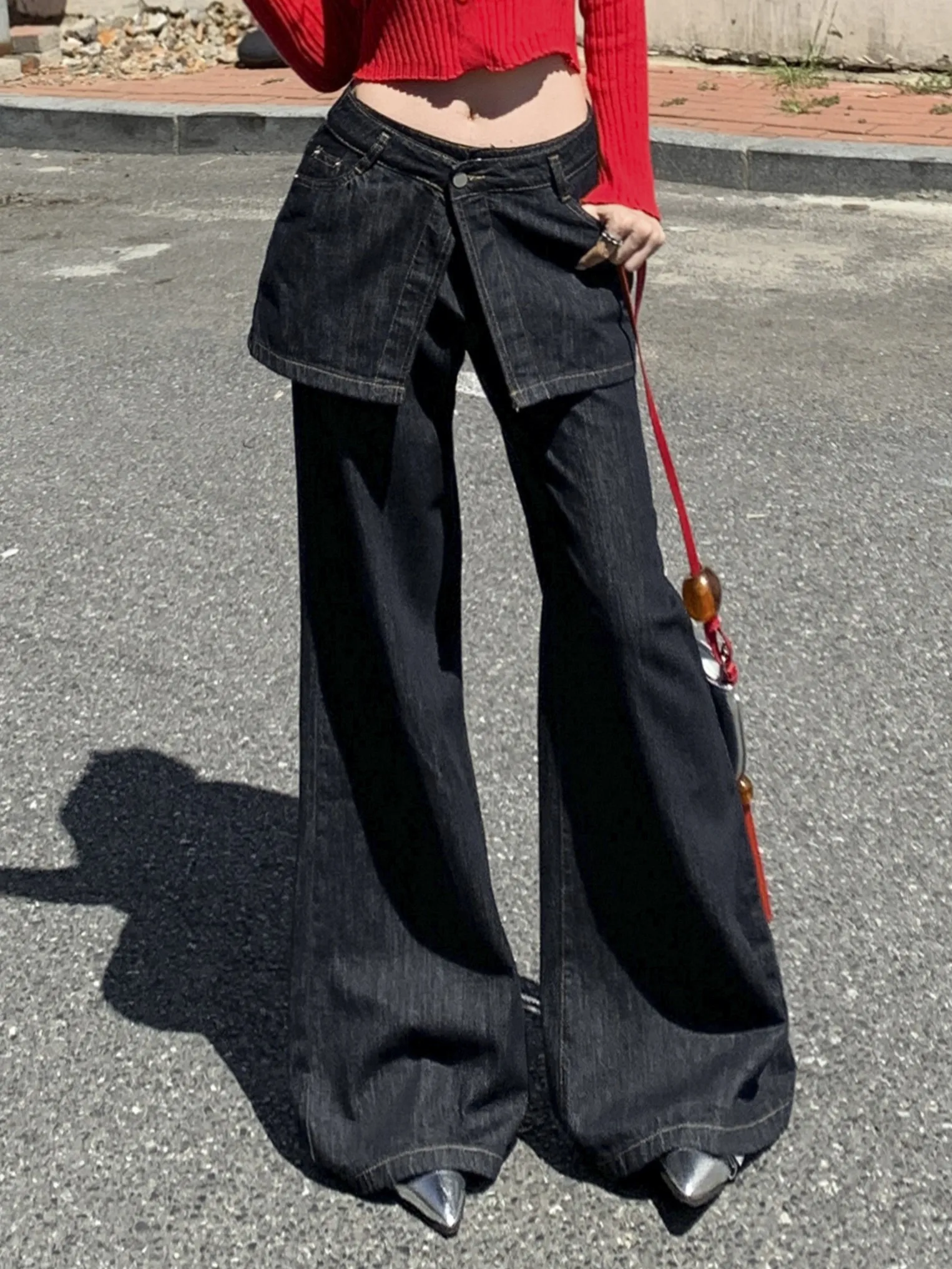 ZHISILAO Fake 2 Pics Patchwork Wide Leg Jeans Women Vintage Loose Floor Length Flare Denim Pants Streetwear 2024 Autumn Winter