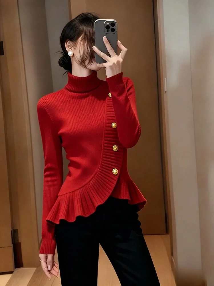 

Slim Fit High Collar Knitted Sweater Women's Autumn Winter Long Sve Faionable Red Lace Trim Top Commute Sle Online Exc...