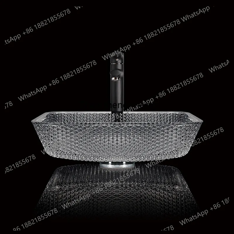 

Hotel bathroom glass table wash basin die-casting rectangular household wash table upper basin glass basin