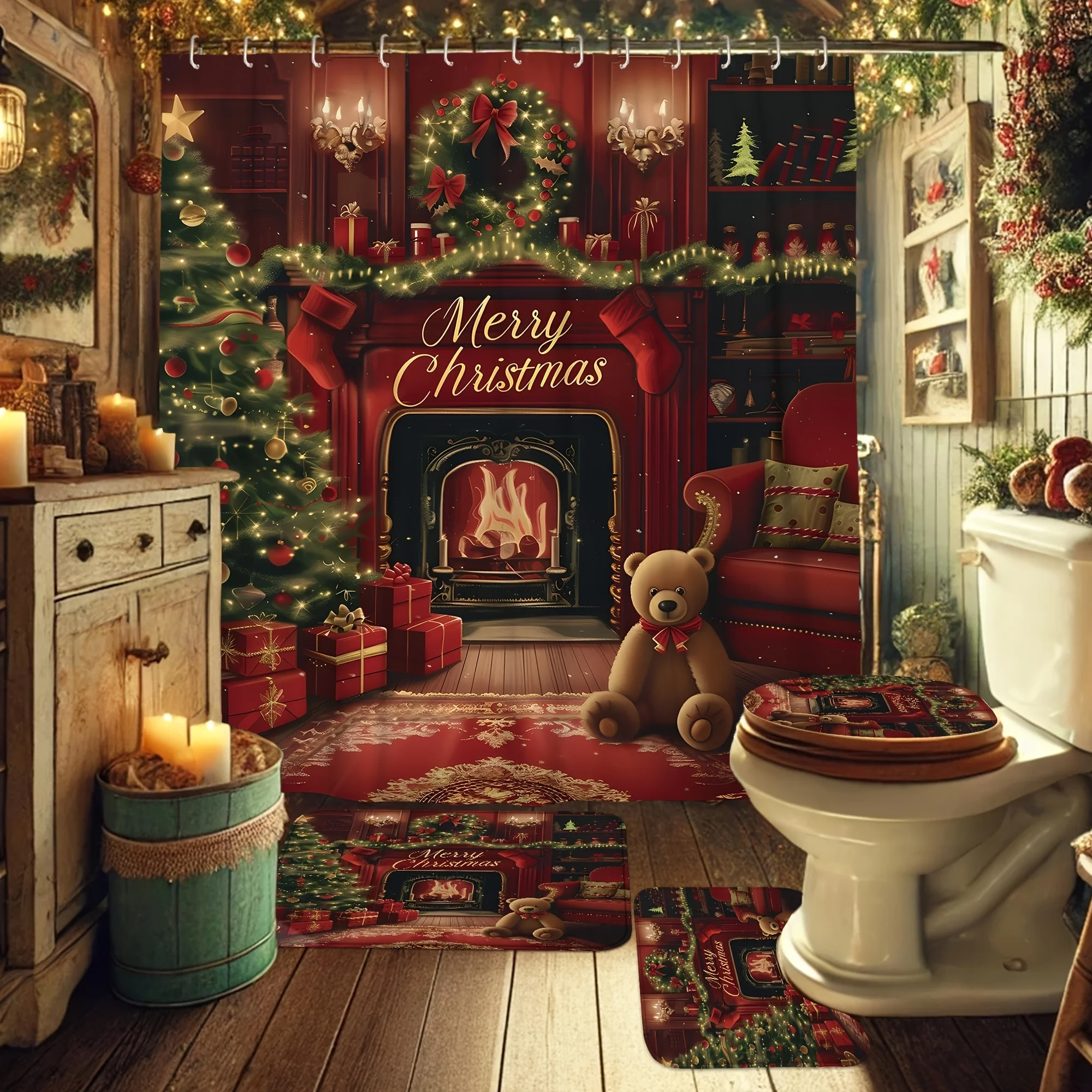 4Pcs Christmas Fireplace Stocking Bear Shower Curtain Set, Festive Red Green Decor with 12 Hooks, Non-slip  & Toilet Cover Mat