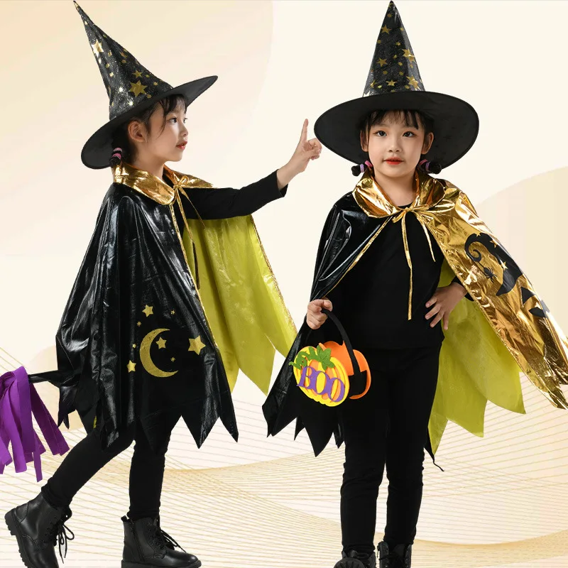 

2023 Halloween Children's Cape Five Star Witch Hat Dress Costume Play Wizard Star Cloak Halloween Set