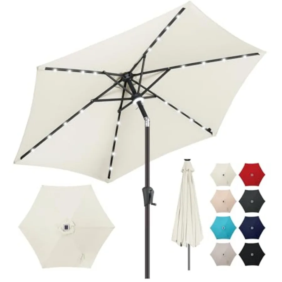 Solar Umbrella Outdoor - Lighted Solar Patio Umbrella with 24 LED Lights Waterprool UV Protection Table Umbrella with Tilt for