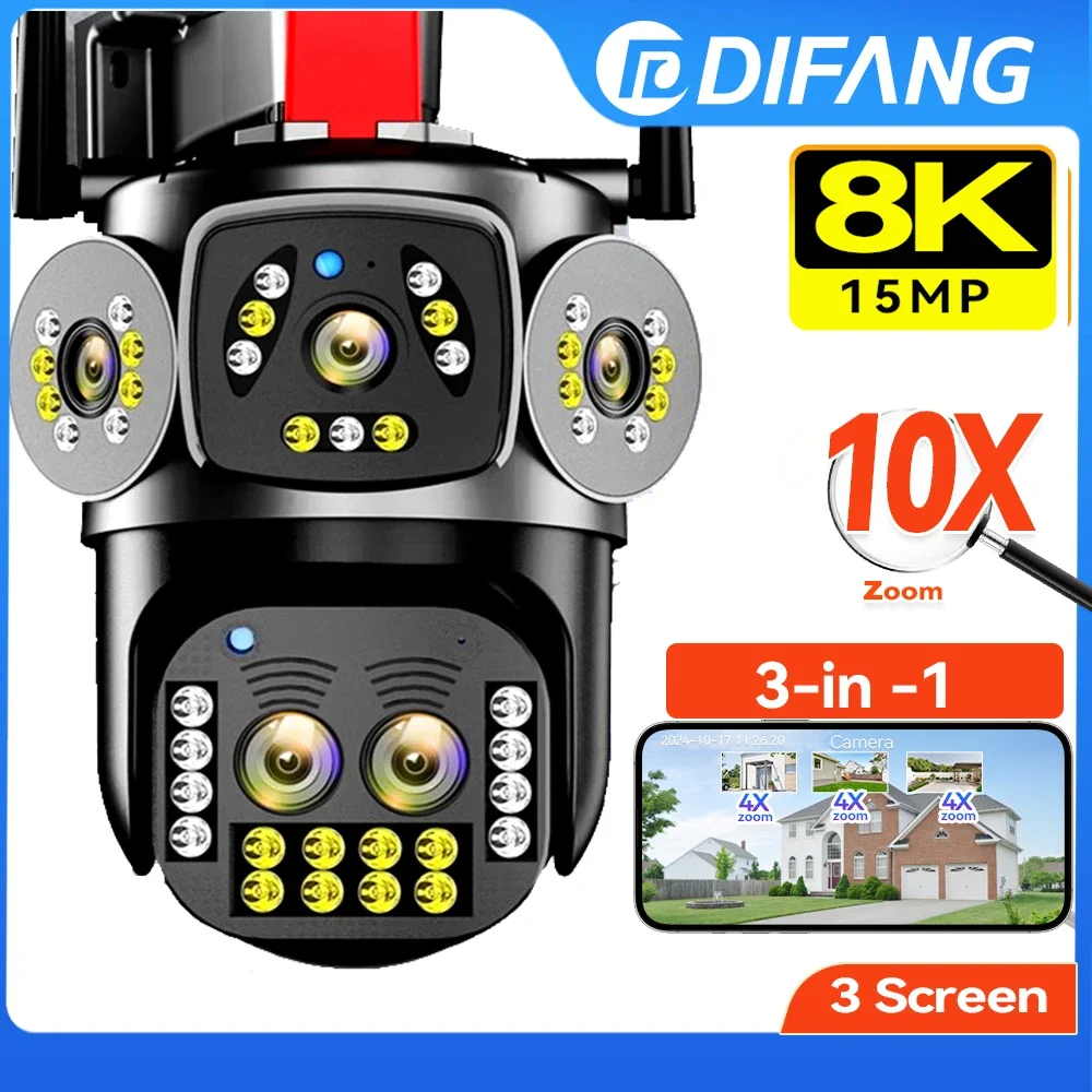 

10X Optical Zoom 8K WiFi Camera Outdoor Three Screen Auto Tracking Security Camera IP CCTV 15MP Surveillance Video Cam