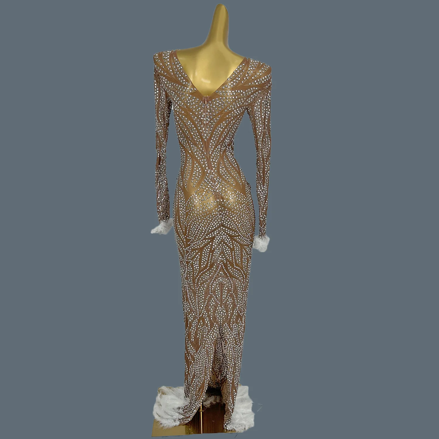 High-end cristais brilhantes pena até o chão vestido feminino luxuoso vestido de baile festa de aniversário de casamento sexy vestido longo chouxiaoya