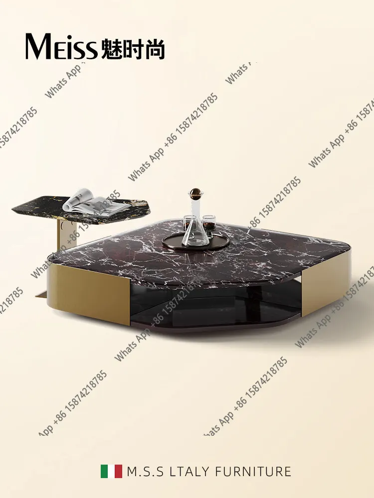 High-end large flat-floor living room, natural marble coffee table combination, Italian light luxury fashion