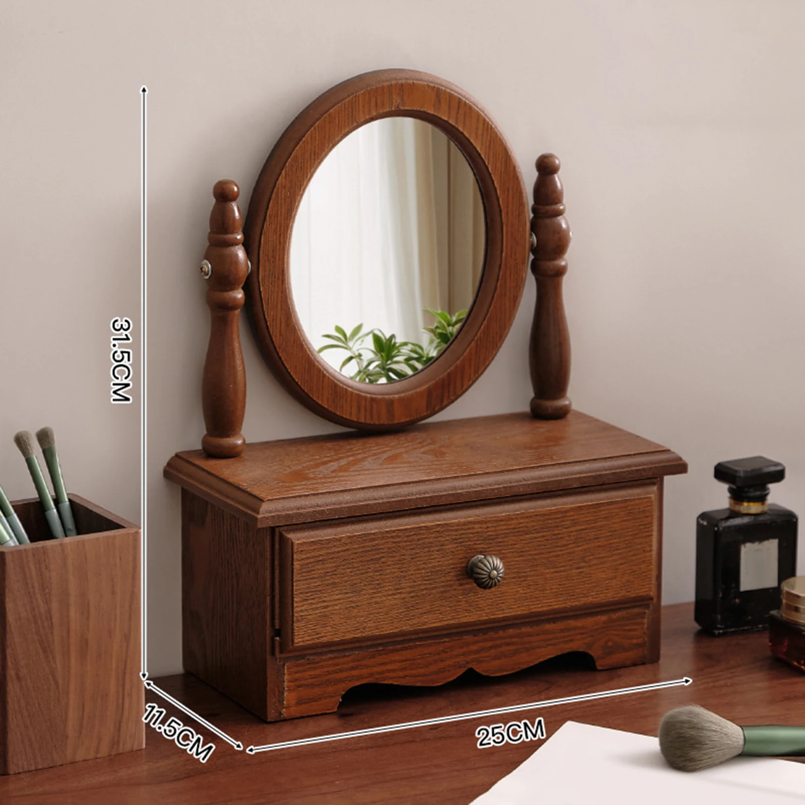 Wood Desk Makeup Mirror Dressing Mirror with Drawer Wooden Table Top Vanity Mirror Tabletop Mirror for Bathroom Bedroom Girl