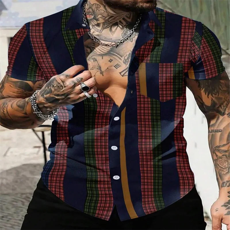 

New 2025 men's plaid pattern casual style shirt button shirt short sleeve trend beach wear spring and summer lapel 3D printed co