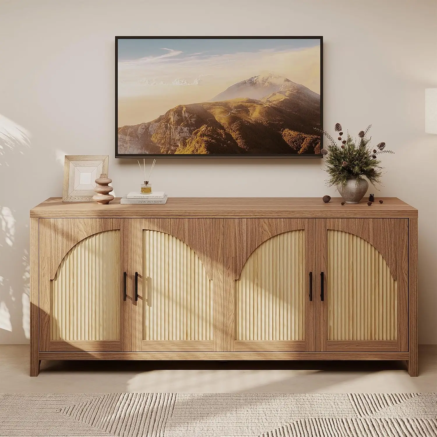 70 Inch Boho Farmhouse Sideboard Buffet Storage Cabinet with Arch Fluted Doors and Adjustable Shelves, English Oak Long Credenza Console Table for Living Room, Entryway