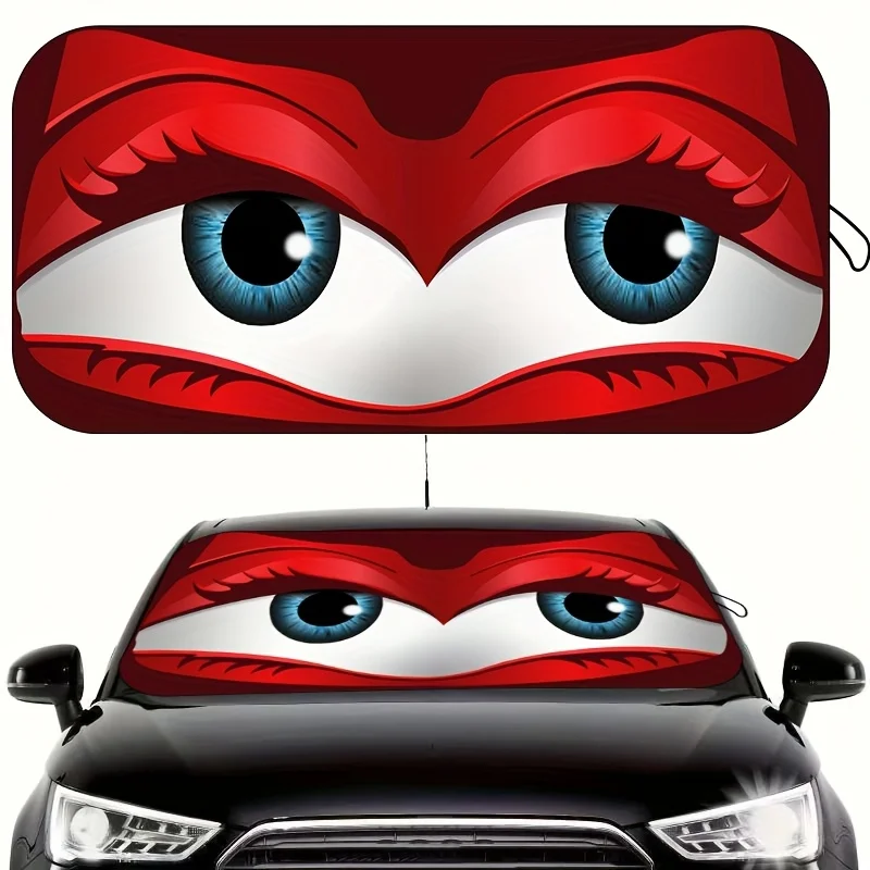 1pc Cartoon Red Eyes Car Sunshade, UV Protection Windshield Sun Blocker, Scratch-Resistant Interior Protection, Roll-Up Polyeste