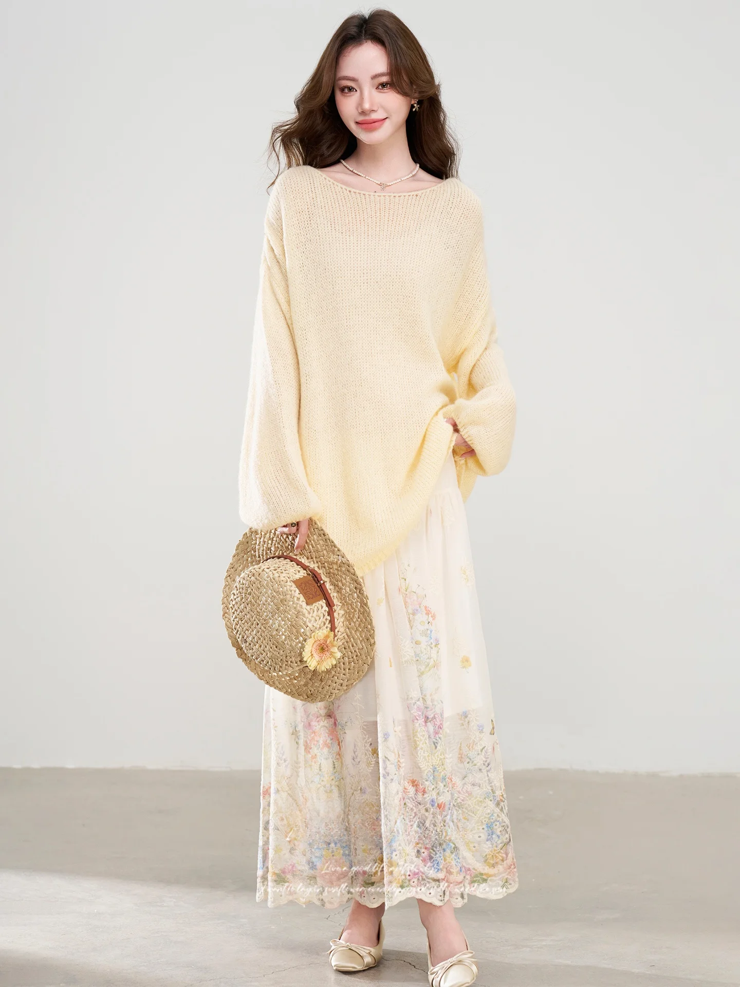 

Spring 2026 Women's Faion Knitted Bal Top And Printed Skirt Set Ele Ootd Casual Long Sve round Newear