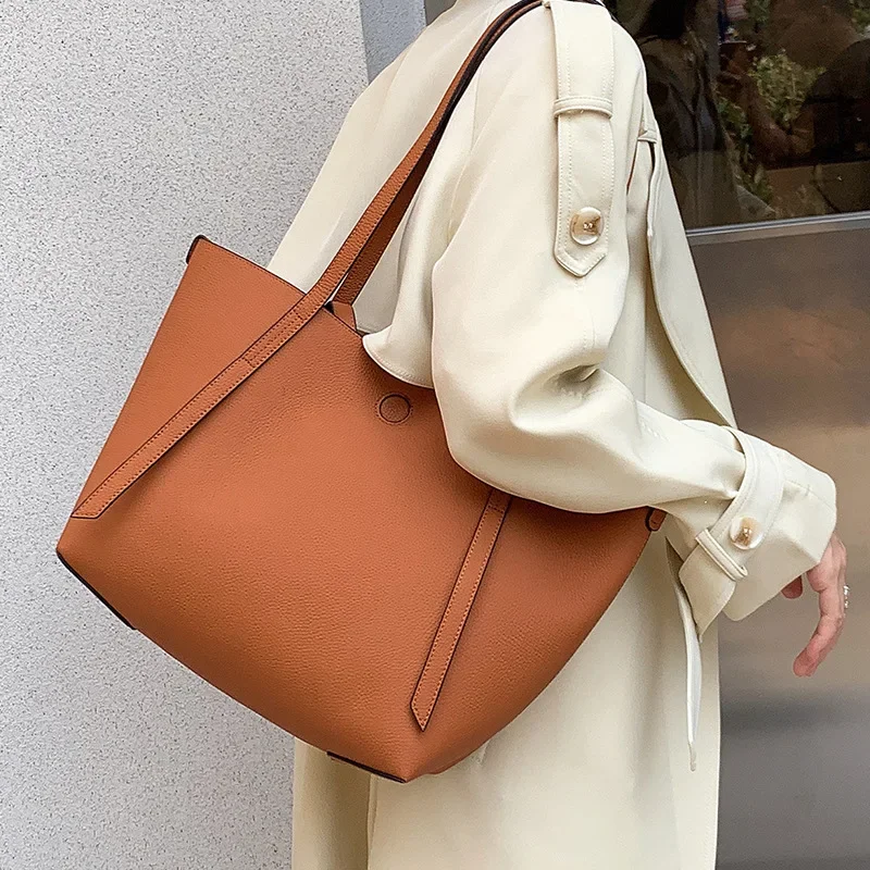 2024 Leather Classic Basket Bag Simple Layer Cowhide Bucket Women's Bag Purses And Handbag