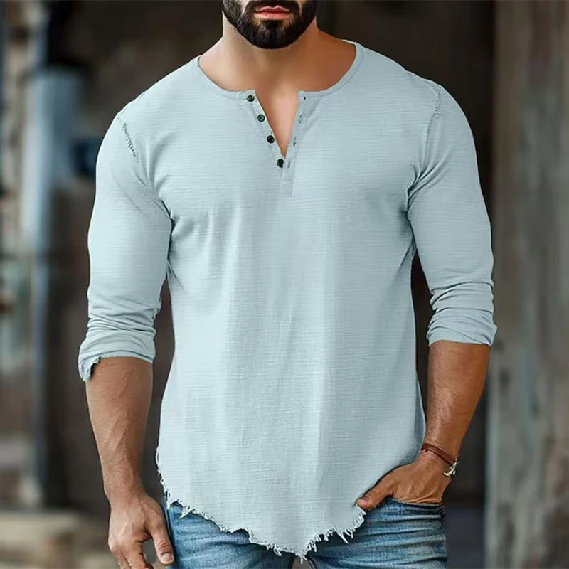 2026 Summer Stylish Button Henley Shirt For Men Casual Breathable Loose Breathable T-shirts Mens Vintage Ripped Long Sleeve Tees