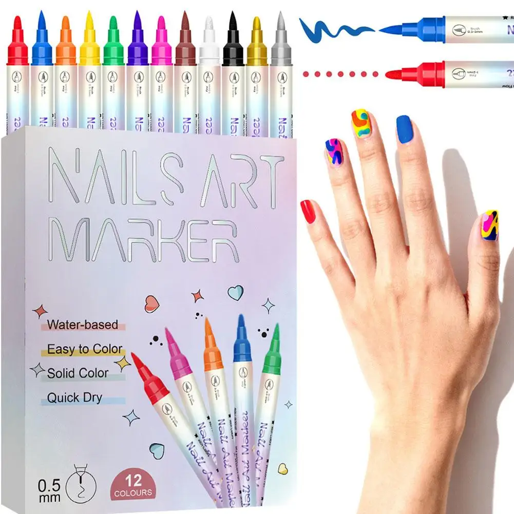 Water Based Nail Art Marker Set 12 Colors Dual Tip Quick Dry Solid Color Nail Graffiti Painting Pen DIY Manicure Accessories