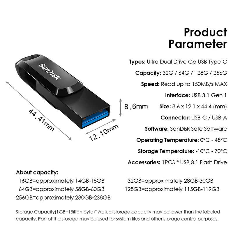 na pamięć flash SanDisk Ultra Dual Drive OTG Pendrive Type-C z USB 3.1 32 ГБ, 64 ГБ, 128 ГБ, 256 ГБ, для смартфона, ноутбука, USB-накопителя