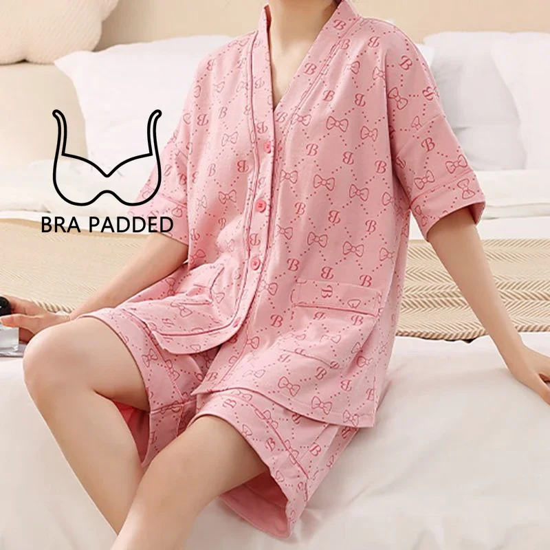 Summer Kimono Style Cardigan Women Pajamas Set Cartoon Sleepwear Korean V-neck Pijamas Chest Padded Nightwear M-5XL Shorts Pjs